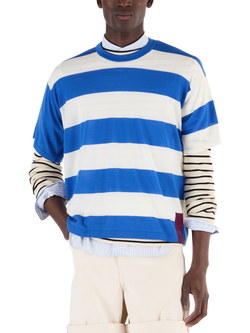 John Smedley Merino Wool Stripe Boxy Fit Crew Neck T-Shirt, Jay Blue/Snow White, Jay Blue/Snow White