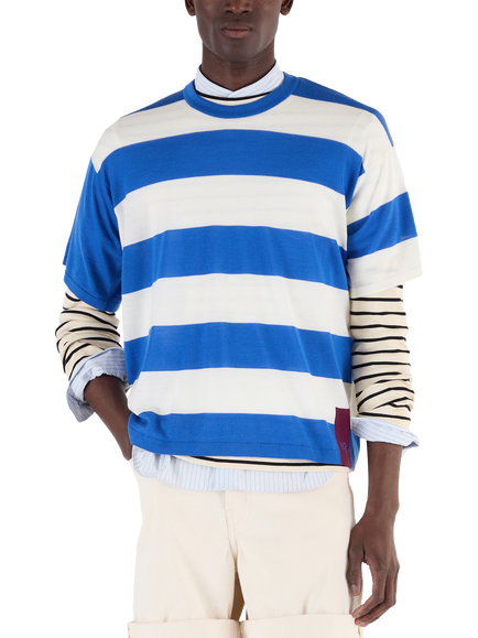 John Smedley Merino Wool Stripe Boxy Fit Crew Neck T-Shirt, Jay Blue/Snow White, Jay Blue/Snow White