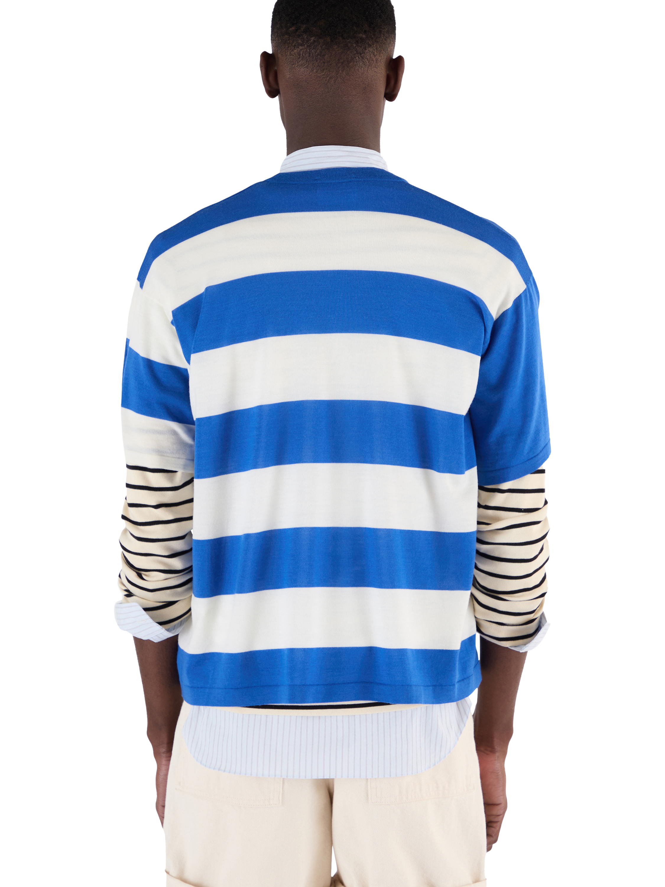 Product image 2 of 6, which shows John Smedley Merino Wool Stripe Boxy Fit Crew Neck T-Shirt, Jay Blue/Snow White, S