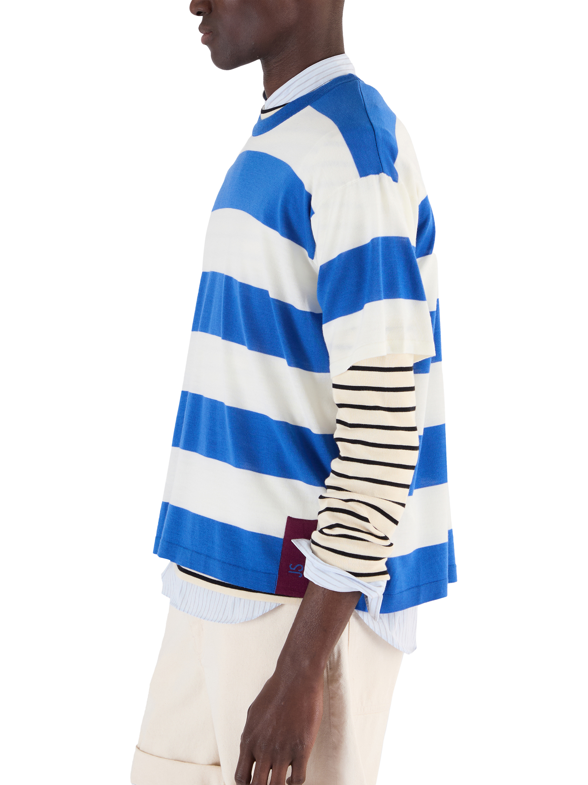 Product image 3 of 6, which shows John Smedley Merino Wool Stripe Boxy Fit Crew Neck T-Shirt, Jay Blue/Snow White, S