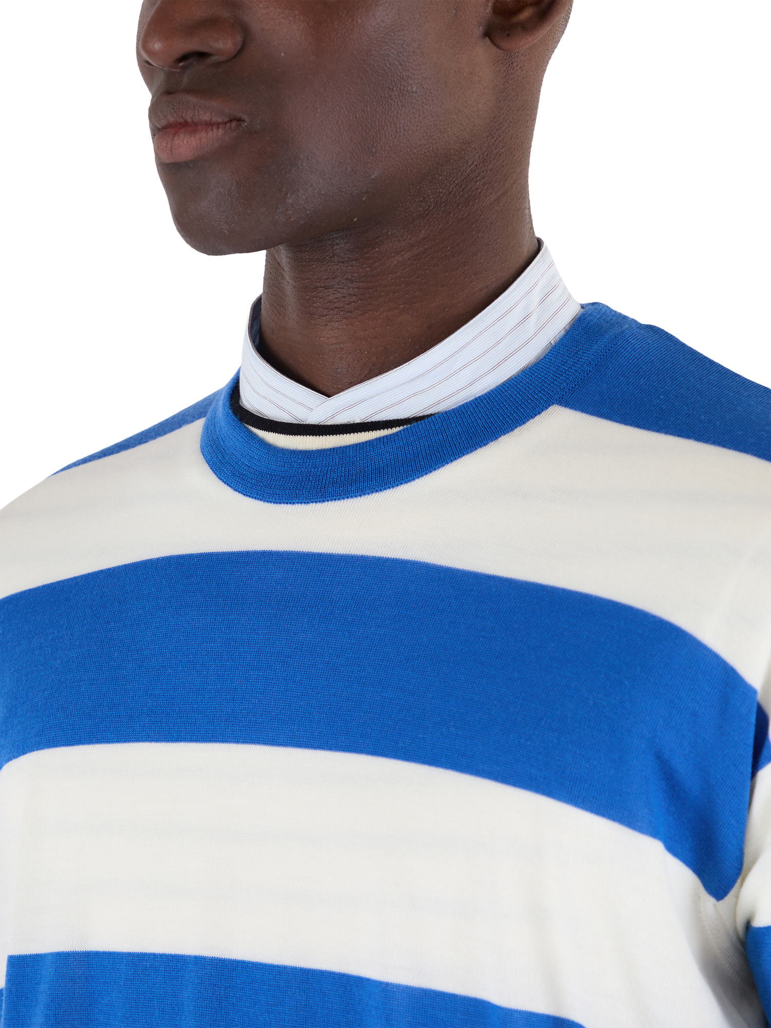Product image 4 of 6, which shows John Smedley Merino Wool Stripe Boxy Fit Crew Neck T-Shirt, Jay Blue/Snow White, S