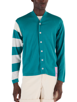 John Smedley Merino Wool Stripe Sleeve Cardigan, Ocean Teal/Snow White, Ocean Teal/Snow White