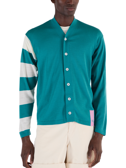 John Smedley Merino Wool Stripe Sleeve Cardigan, Ocean Teal/Snow White, Ocean Teal/Snow White