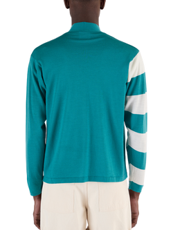 John Smedley Merino Wool Stripe Sleeve Cardigan, Ocean Teal/Snow White - view 2, Ocean Teal/Snow White