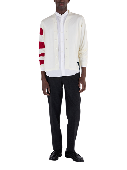 John Smedley Merino Wool Striped Sleeve Cardigan, Snow White/Persian Red, Snow White/Persian Red