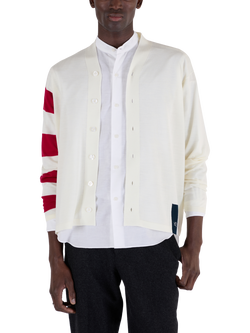 John Smedley Merino Wool Striped Sleeve Cardigan, Snow White/Persian Red - view 2, Snow White/Persian Red