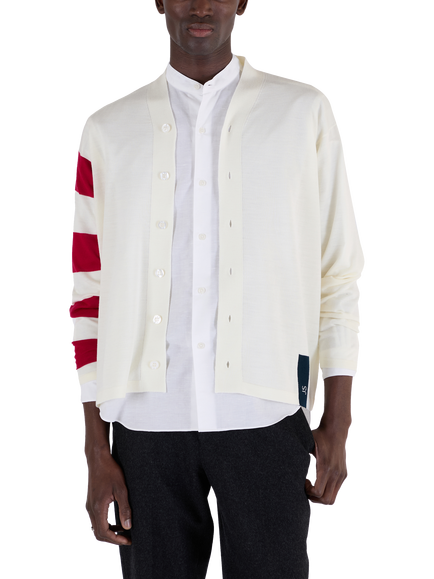 John Smedley Merino Wool Striped Sleeve Cardigan, Snow White/Persian Red - view 2, Snow White/Persian Red