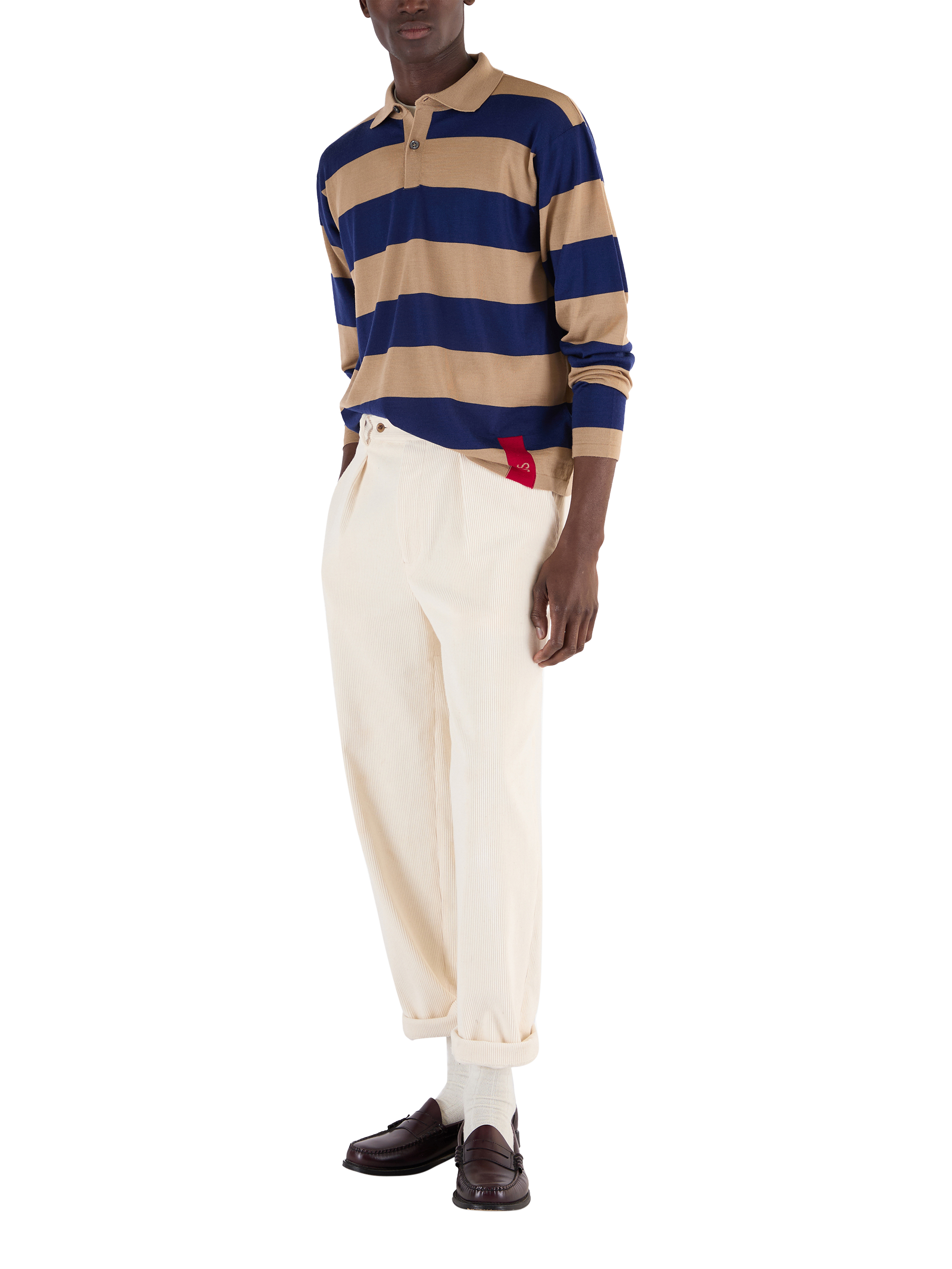 Product image 1 of 7, which shows John Smedley Merino Wool Stripe Regular Fit Rugby Shirt, Light Camel / Ink, S