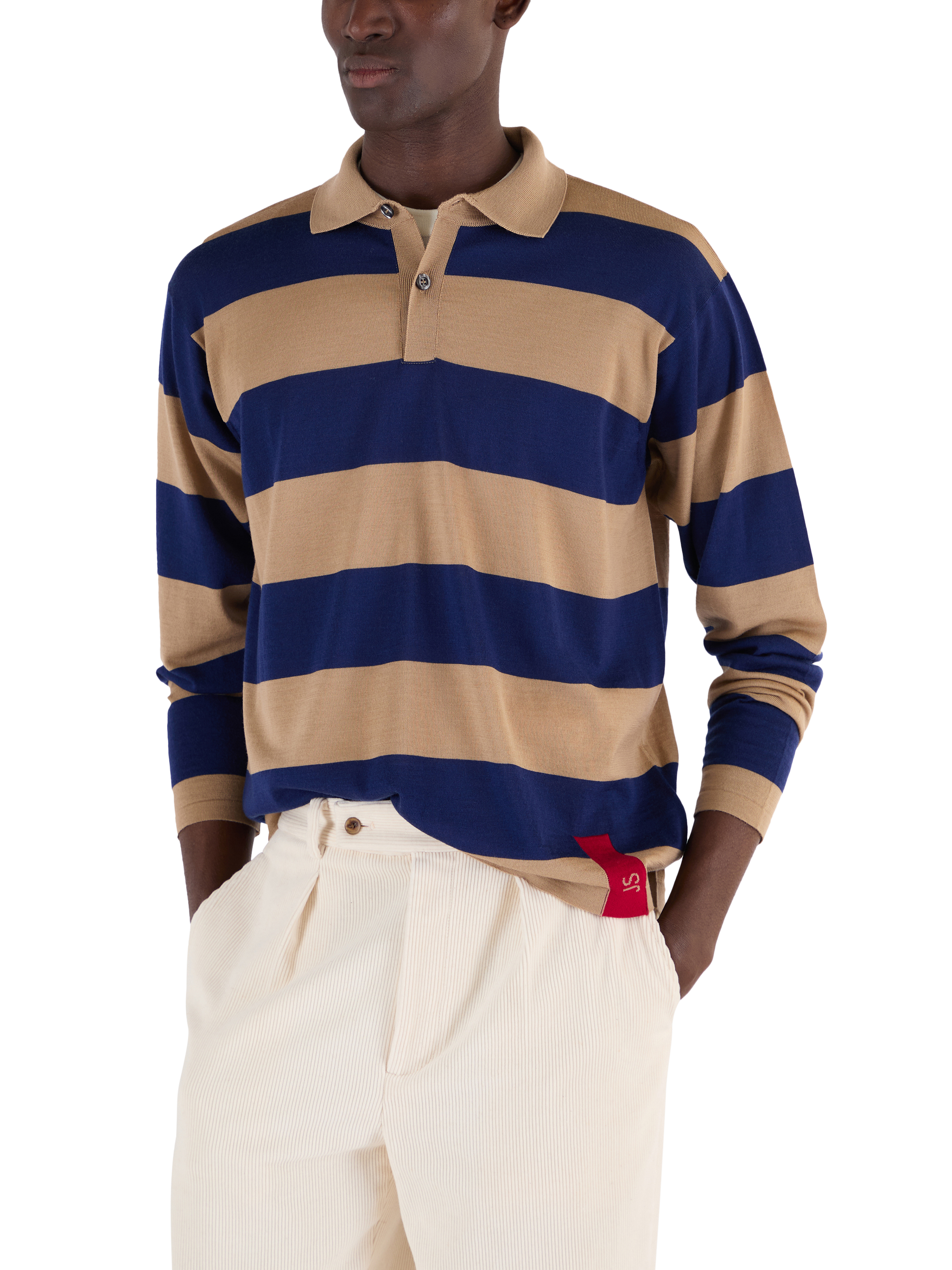Product image 2 of 7, which shows John Smedley Merino Wool Stripe Regular Fit Rugby Shirt, Light Camel / Ink, S