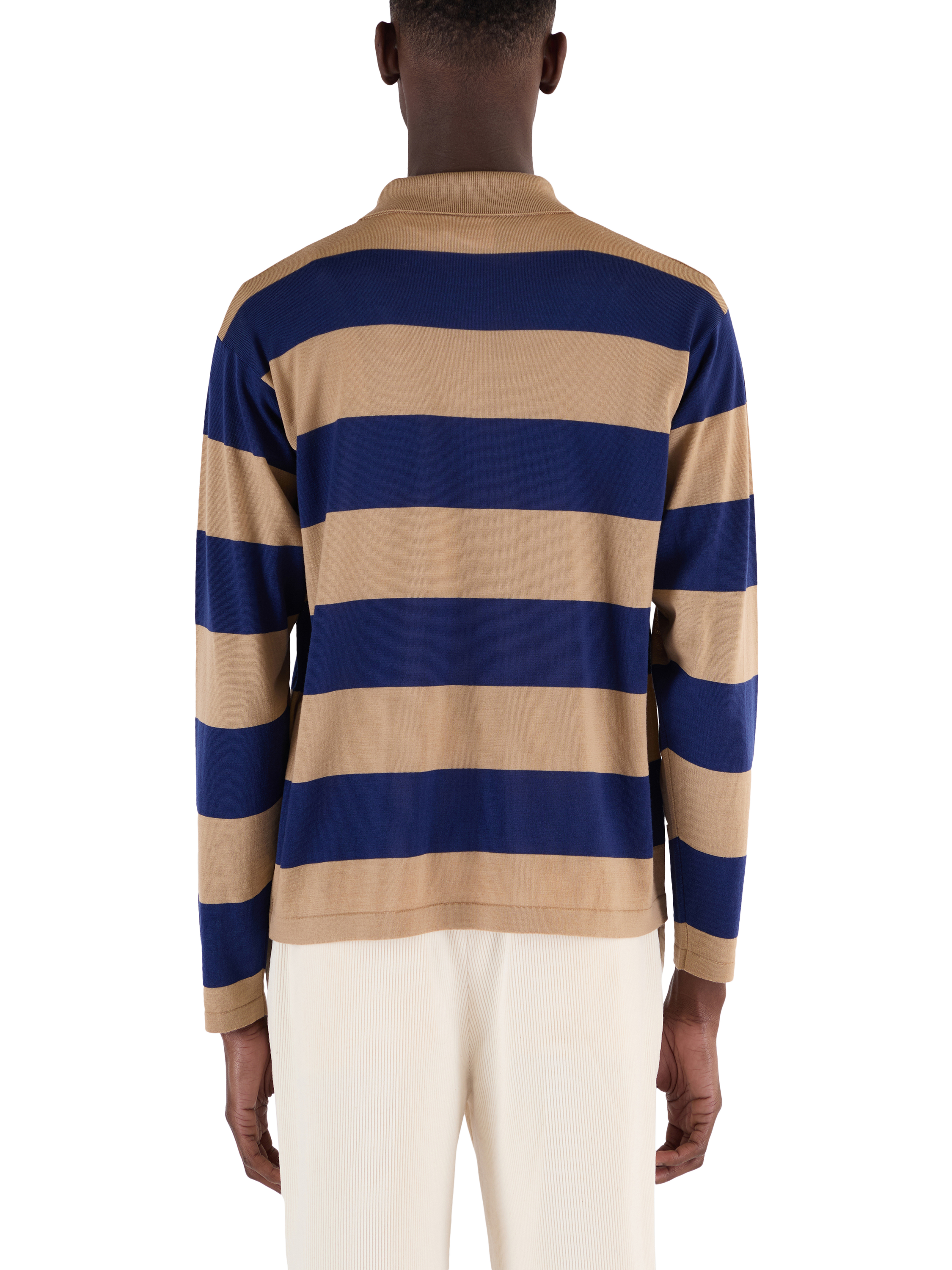 Product image 3 of 7, which shows John Smedley Merino Wool Stripe Regular Fit Rugby Shirt, Light Camel / Ink, S