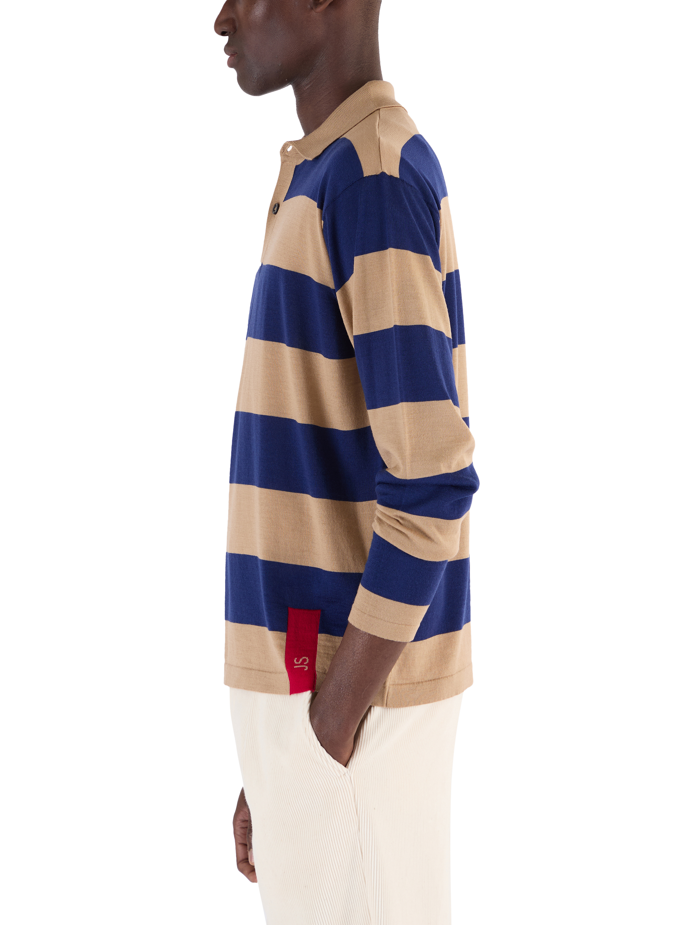 Product image 4 of 7, which shows John Smedley Merino Wool Stripe Regular Fit Rugby Shirt, Light Camel / Ink, S
