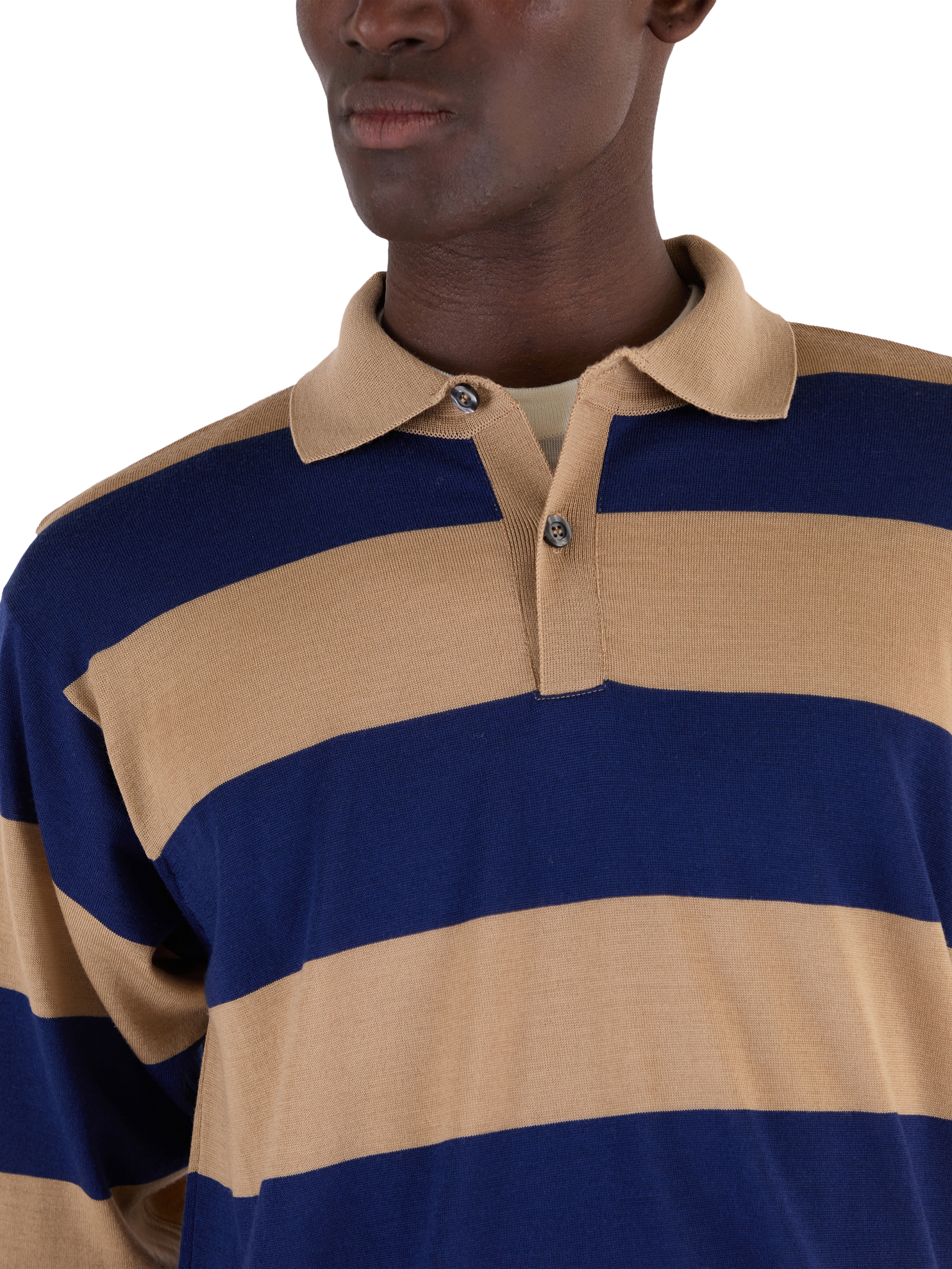 Product image 5 of 7, which shows John Smedley Merino Wool Stripe Regular Fit Rugby Shirt, Light Camel / Ink, S
