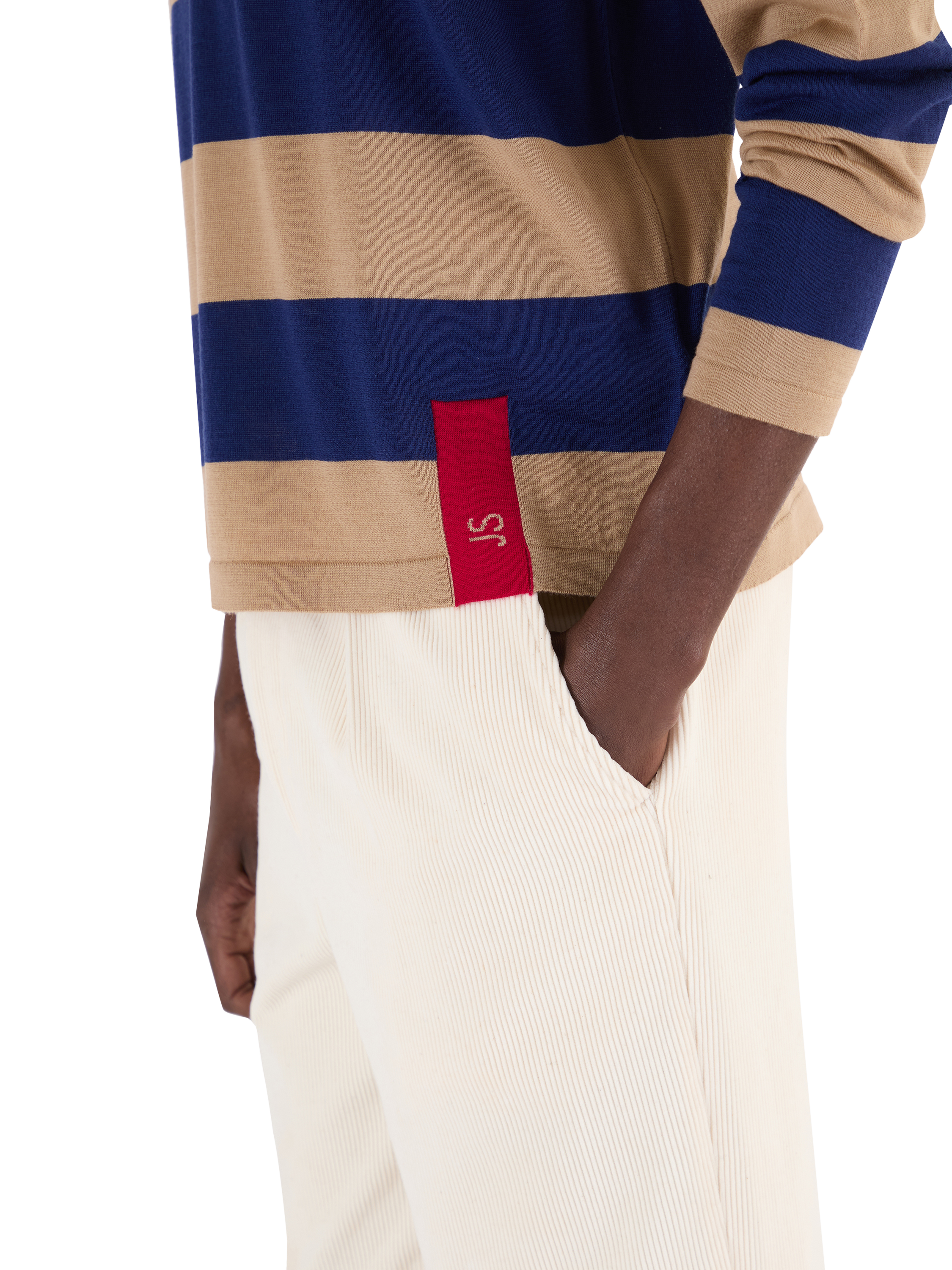 Product image 6 of 7, which shows John Smedley Merino Wool Stripe Regular Fit Rugby Shirt, Light Camel / Ink, S