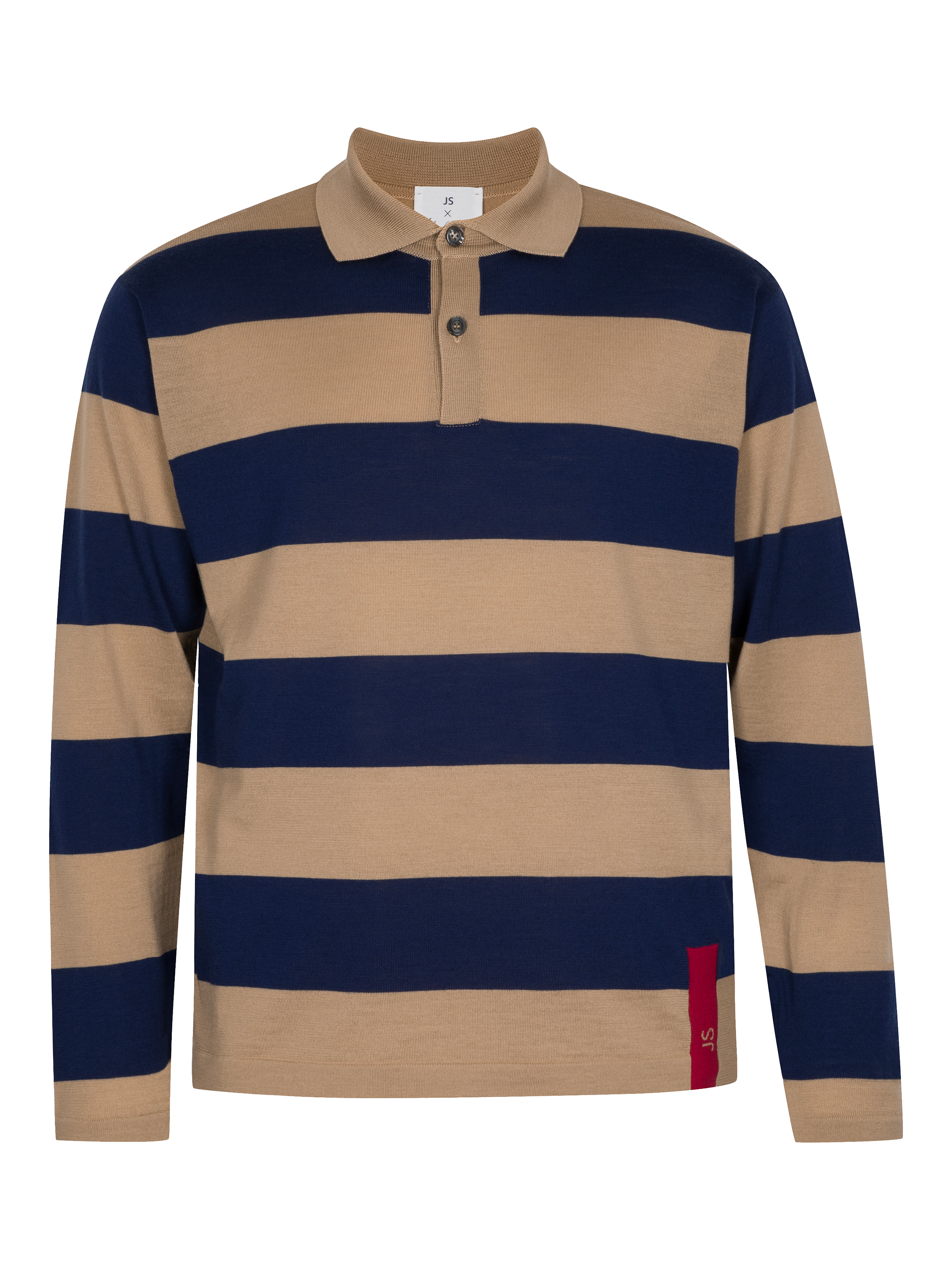 Product image 7 of 7, which shows John Smedley Merino Wool Stripe Regular Fit Rugby Shirt, Light Camel / Ink, S