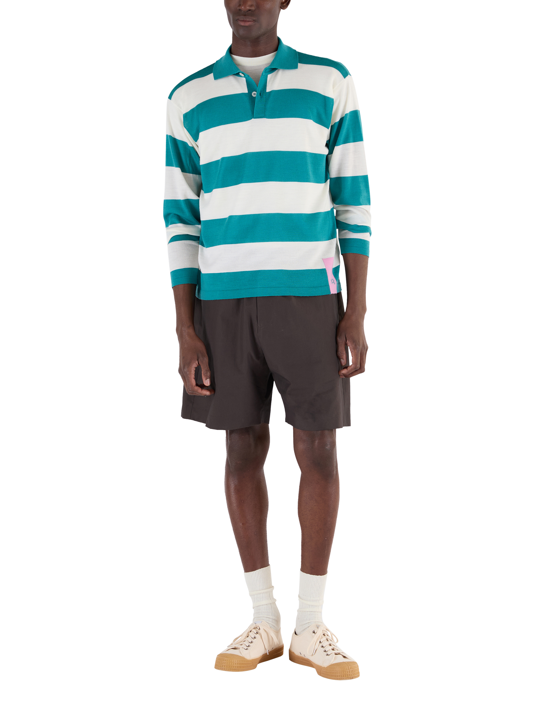 Product image 1 of 7, which shows John Smedley Merino Wool Stripe Regular Fit Rugby Shirt, Ocean Teal/Snow White, S