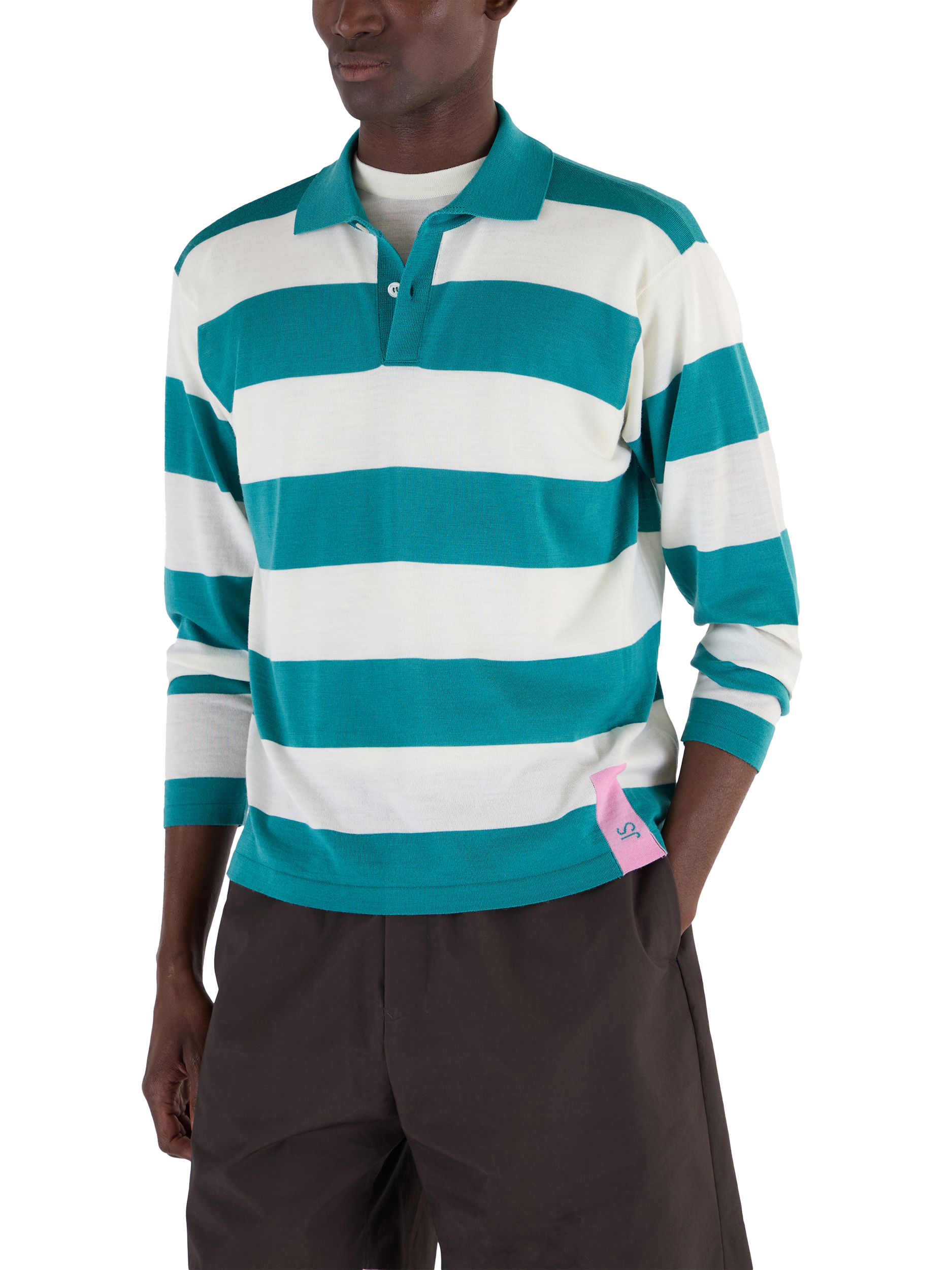 Product image 2 of 7, which shows John Smedley Merino Wool Stripe Regular Fit Rugby Shirt, Ocean Teal/Snow White, S