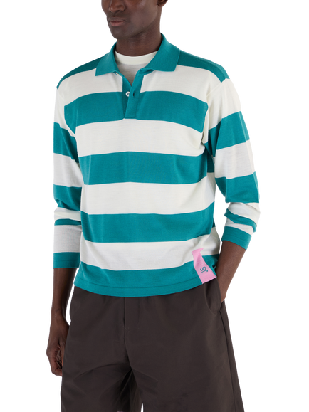 John Smedley Merino Wool Stripe Regular Fit Rugby Shirt, Ocean Teal/Snow White - view 2, Ocean Teal/Snow White