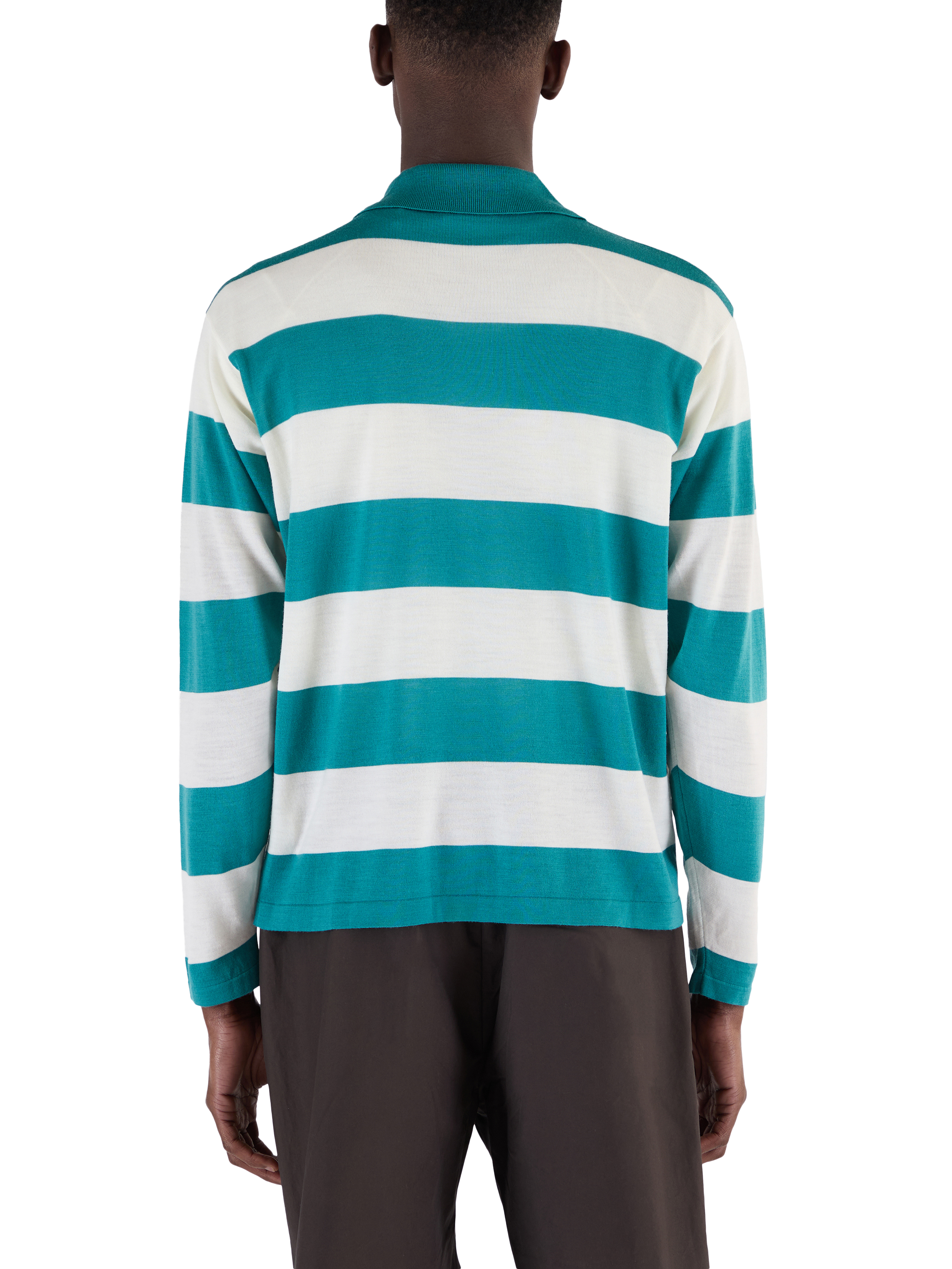 Product image 3 of 7, which shows John Smedley Merino Wool Stripe Regular Fit Rugby Shirt, Ocean Teal/Snow White, S