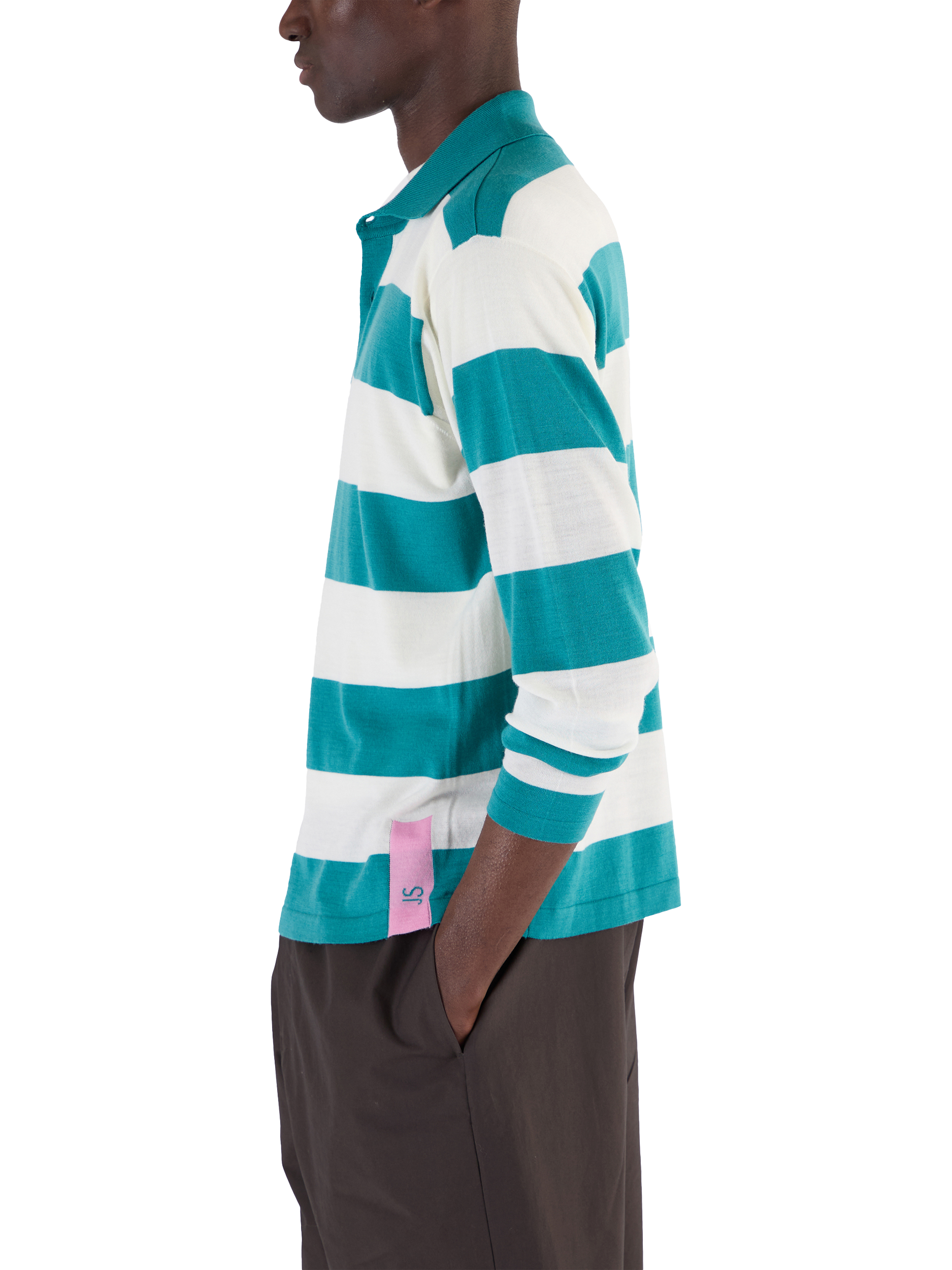 Product image 4 of 7, which shows John Smedley Merino Wool Stripe Regular Fit Rugby Shirt, Ocean Teal/Snow White, S