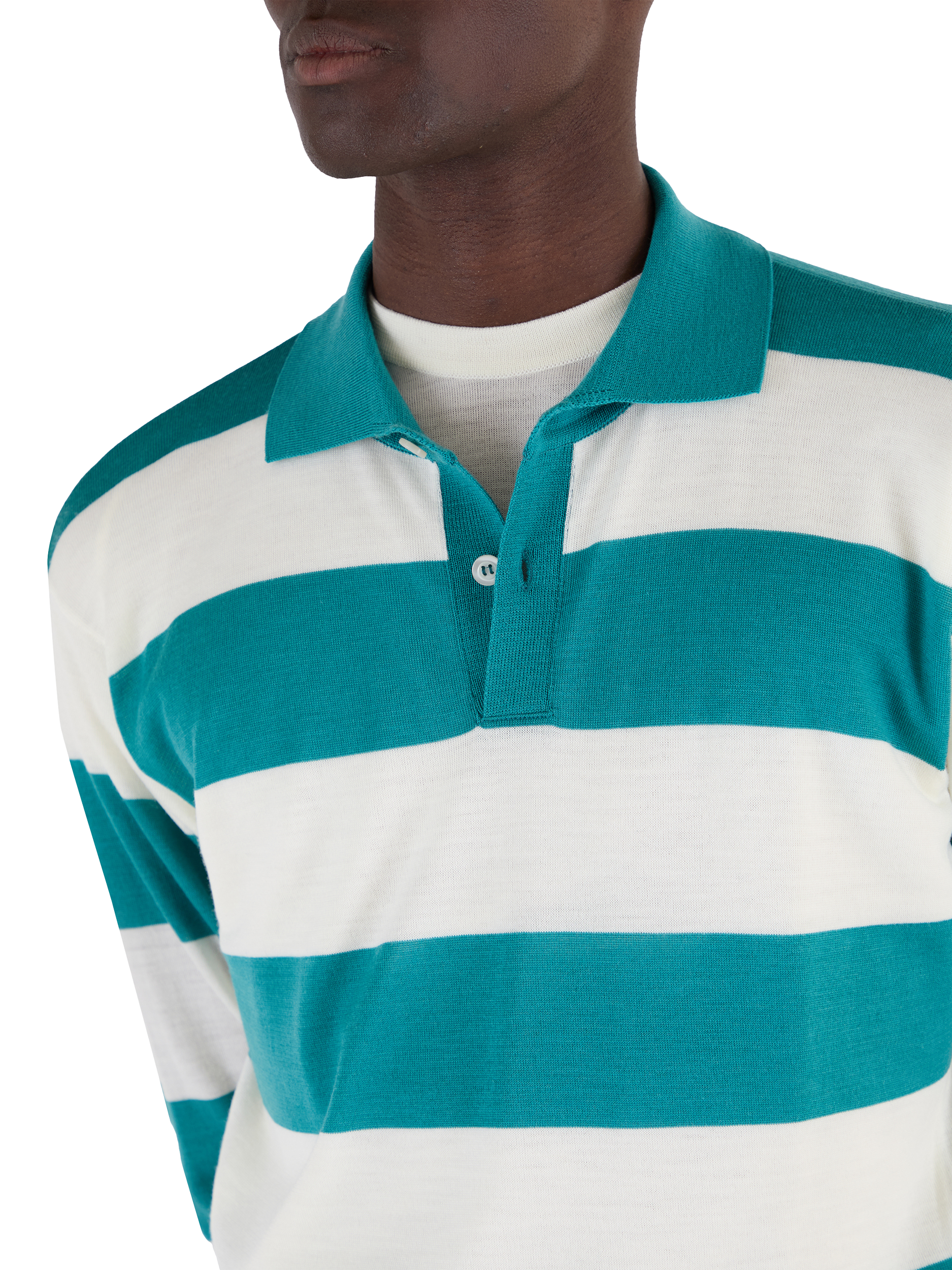 Product image 5 of 7, which shows John Smedley Merino Wool Stripe Regular Fit Rugby Shirt, Ocean Teal/Snow White, S