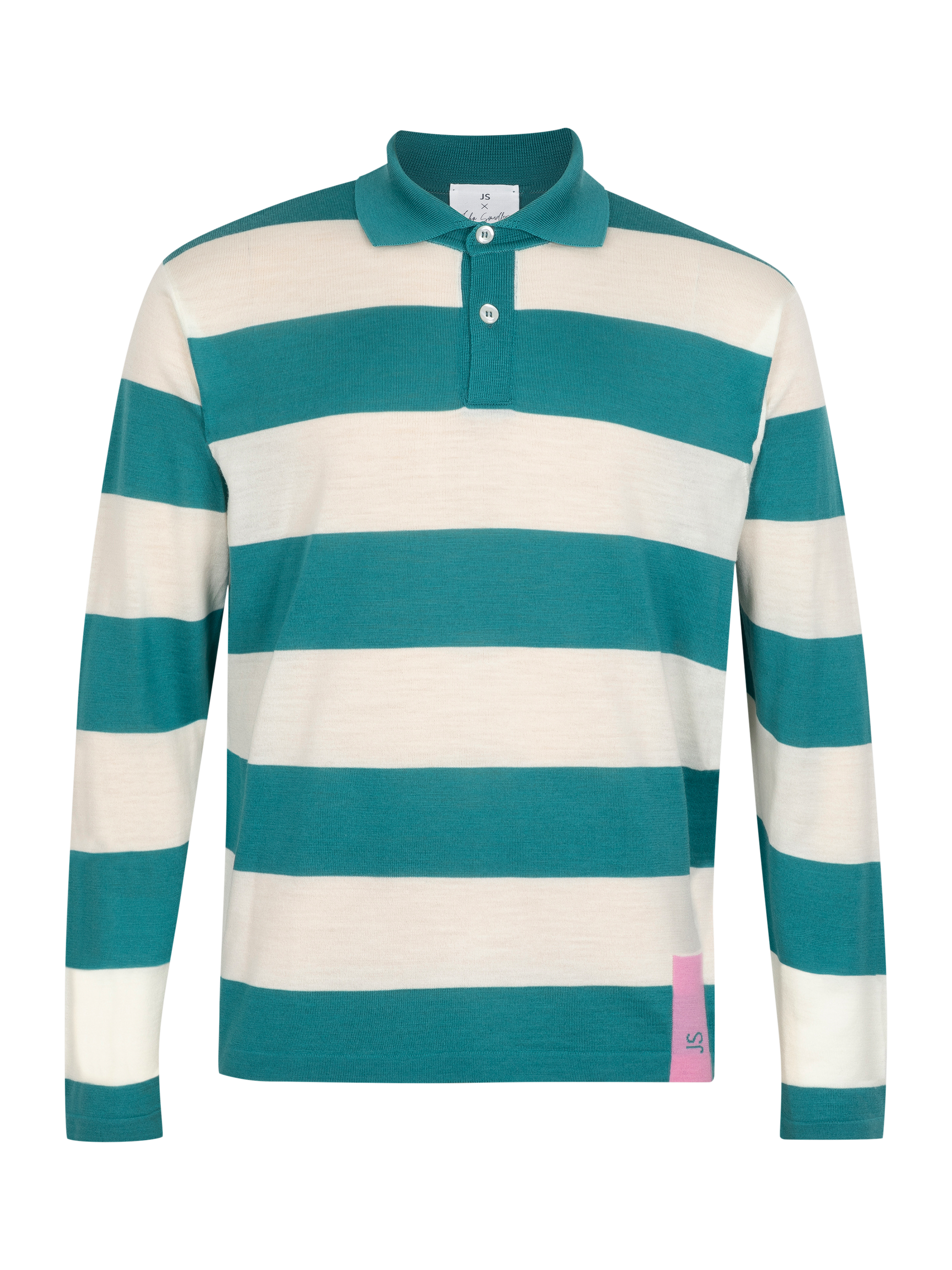Product image 7 of 7, which shows John Smedley Merino Wool Stripe Regular Fit Rugby Shirt, Ocean Teal/Snow White, S