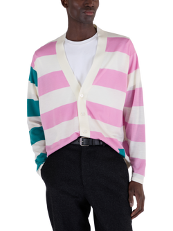 John Smedley Merino Wool Stripe Jersey Cardigan, Snowwhite/Mistyrose