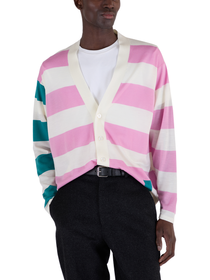John Smedley Merino Wool Stripe Jersey Cardigan, Snowwhite/Mistyrose
