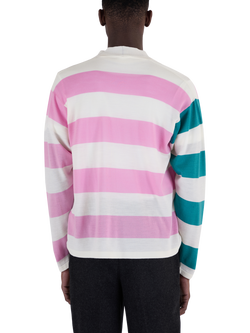 John Smedley Merino Wool Stripe Jersey Cardigan - view 2, Snowwhite/Mistyrose