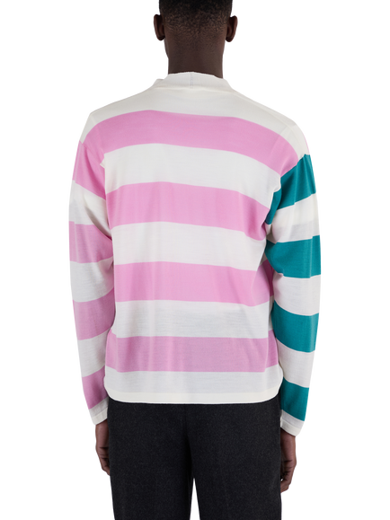 John Smedley Merino Wool Stripe Jersey Cardigan - view 2, Snowwhite/Mistyrose