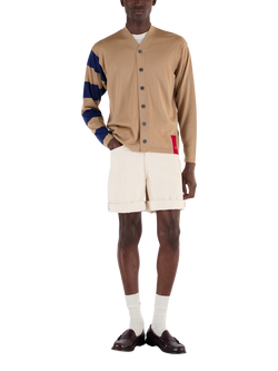 John Smedley Merino Wool Stripe Sleeve Cardigan, Light Camel / Ink, Light Camel / Ink