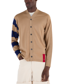 John Smedley Merino Wool Stripe Sleeve Cardigan, Light Camel / Ink - view 2, Light Camel / Ink
