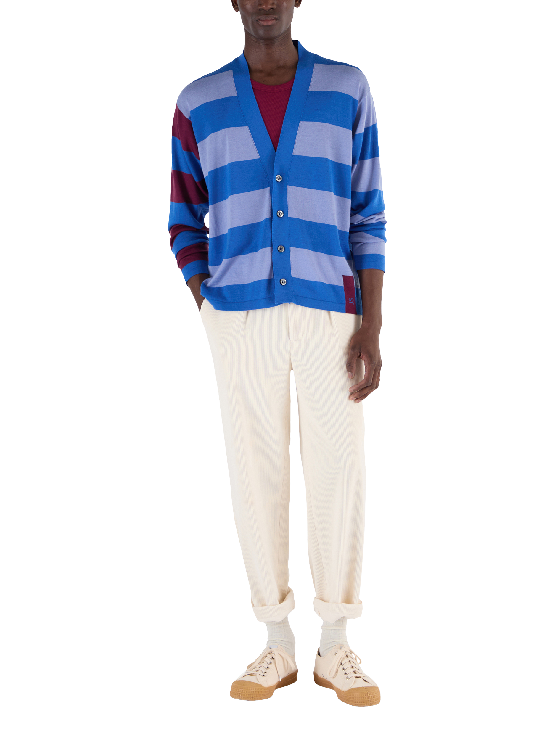 Product image 1 of 7, which shows John Smedley Merino Wool Stripe Contrast Sleeve V-Neck Cardigan, Jay Blue/Winter Violet, S