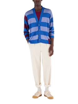 John Smedley Merino Wool Stripe Contrast Sleeve V-Neck Cardigan, Jay Blue/Winter Violet, Jay Blue/Winter Violet