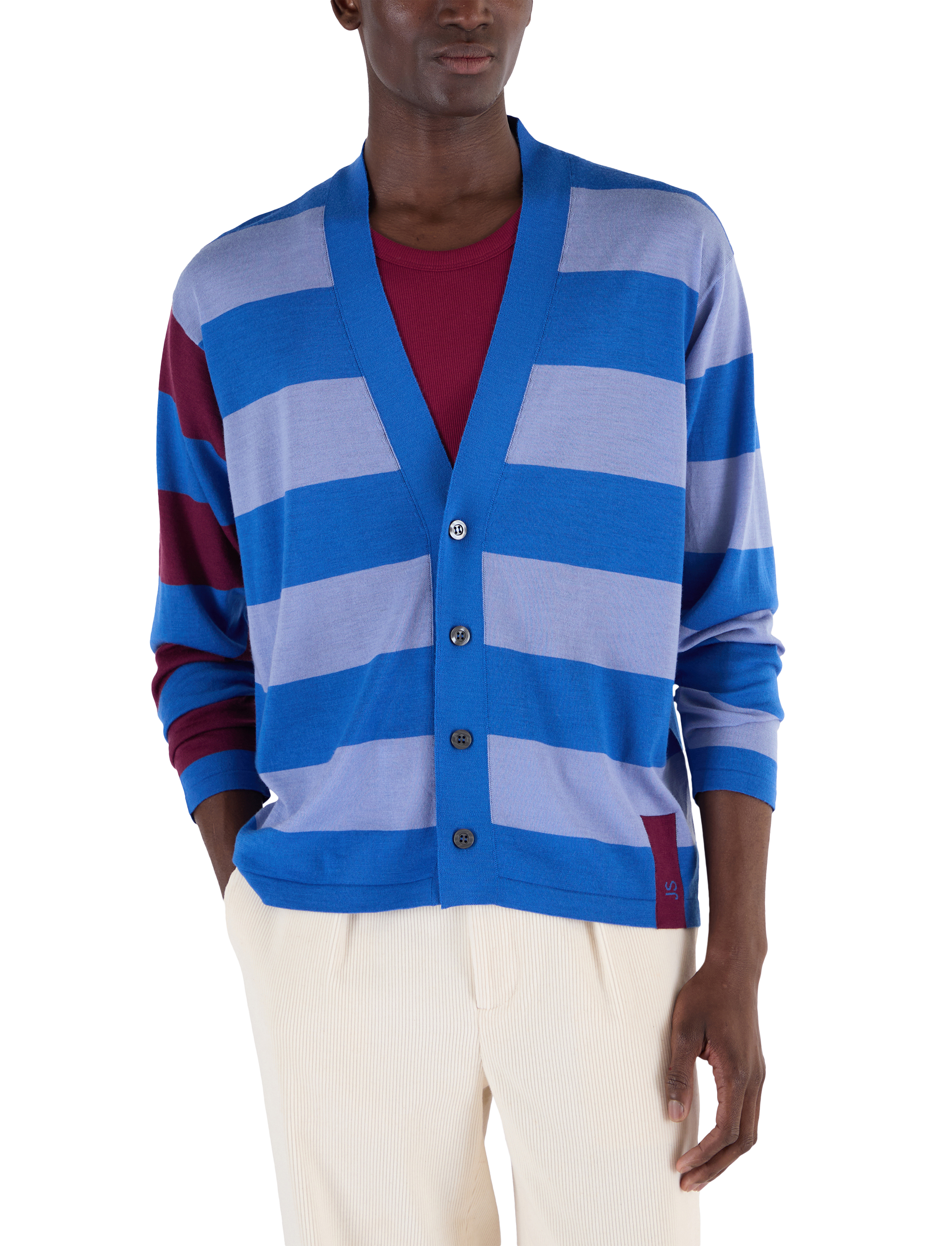 Product image 2 of 7, which shows John Smedley Merino Wool Stripe Contrast Sleeve V-Neck Cardigan, Jay Blue/Winter Violet, S