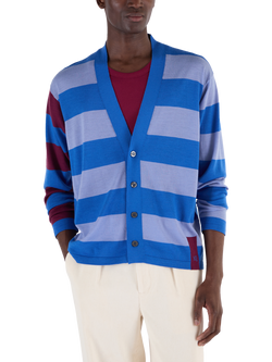 John Smedley Merino Wool Stripe Contrast Sleeve V-Neck Cardigan, Jay Blue/Winter Violet - view 2, Jay Blue/Winter Violet