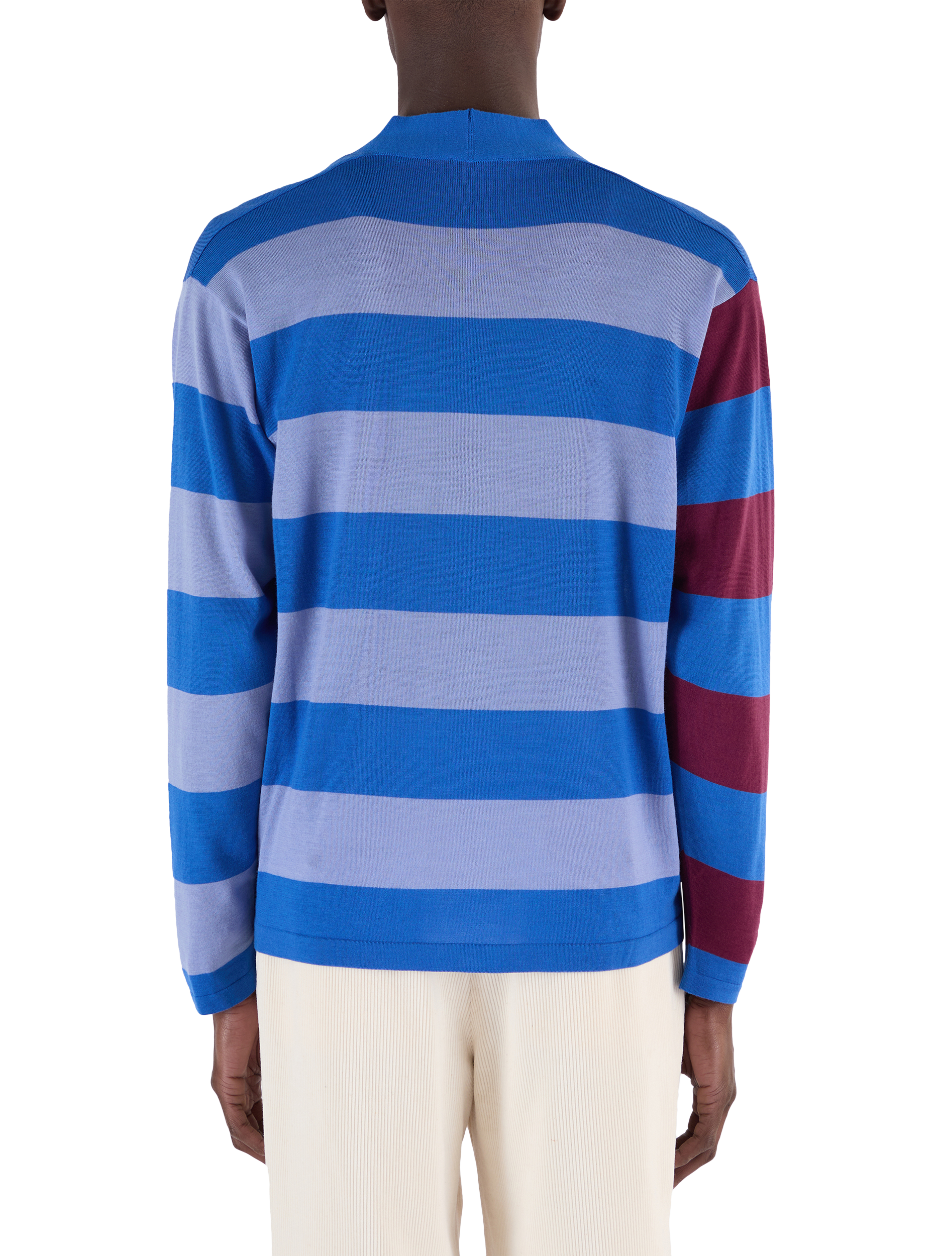 Product image 3 of 7, which shows John Smedley Merino Wool Stripe Contrast Sleeve V-Neck Cardigan, Jay Blue/Winter Violet, S