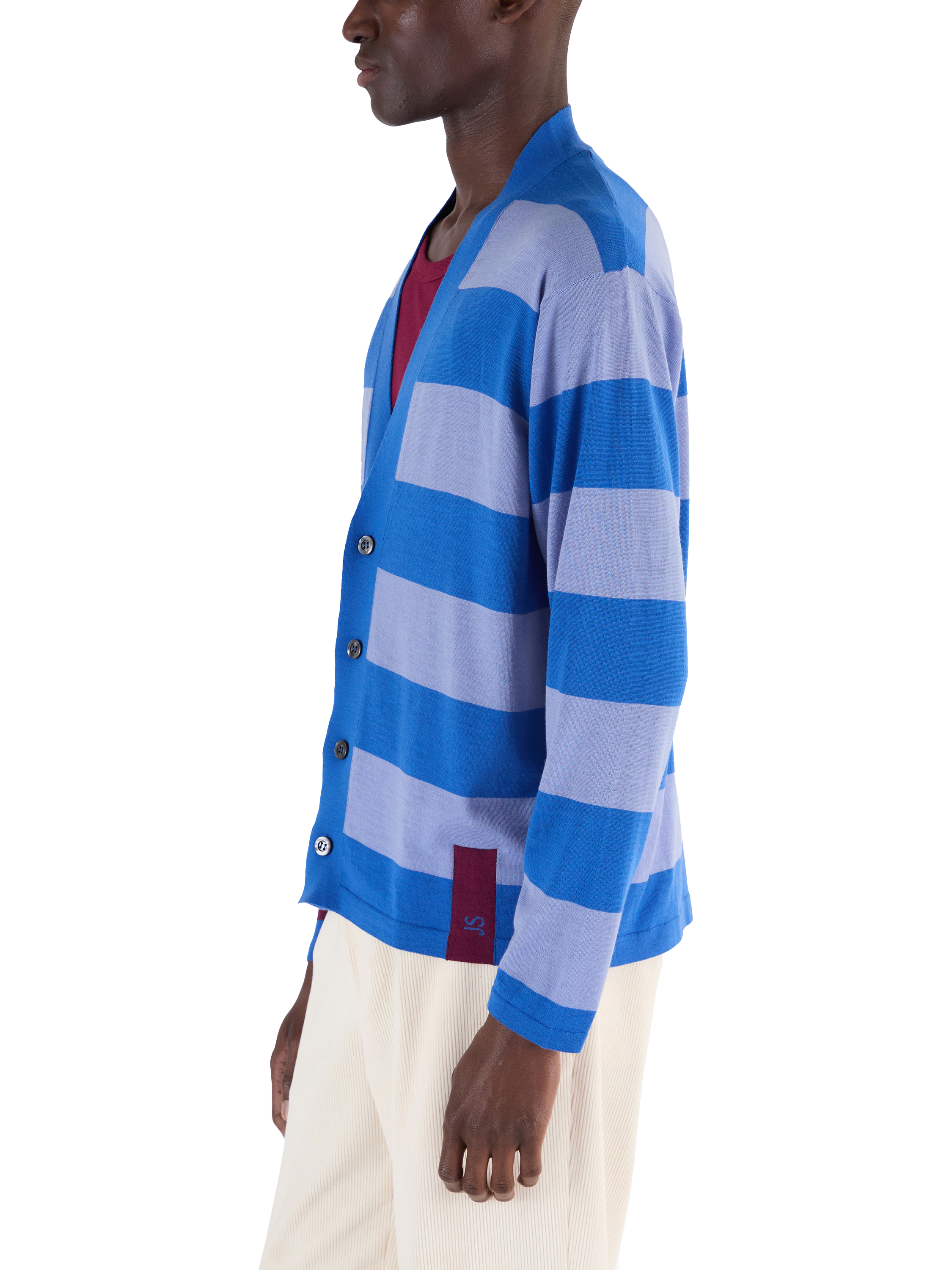 Product image 4 of 7, which shows John Smedley Merino Wool Stripe Contrast Sleeve V-Neck Cardigan, Jay Blue/Winter Violet, S