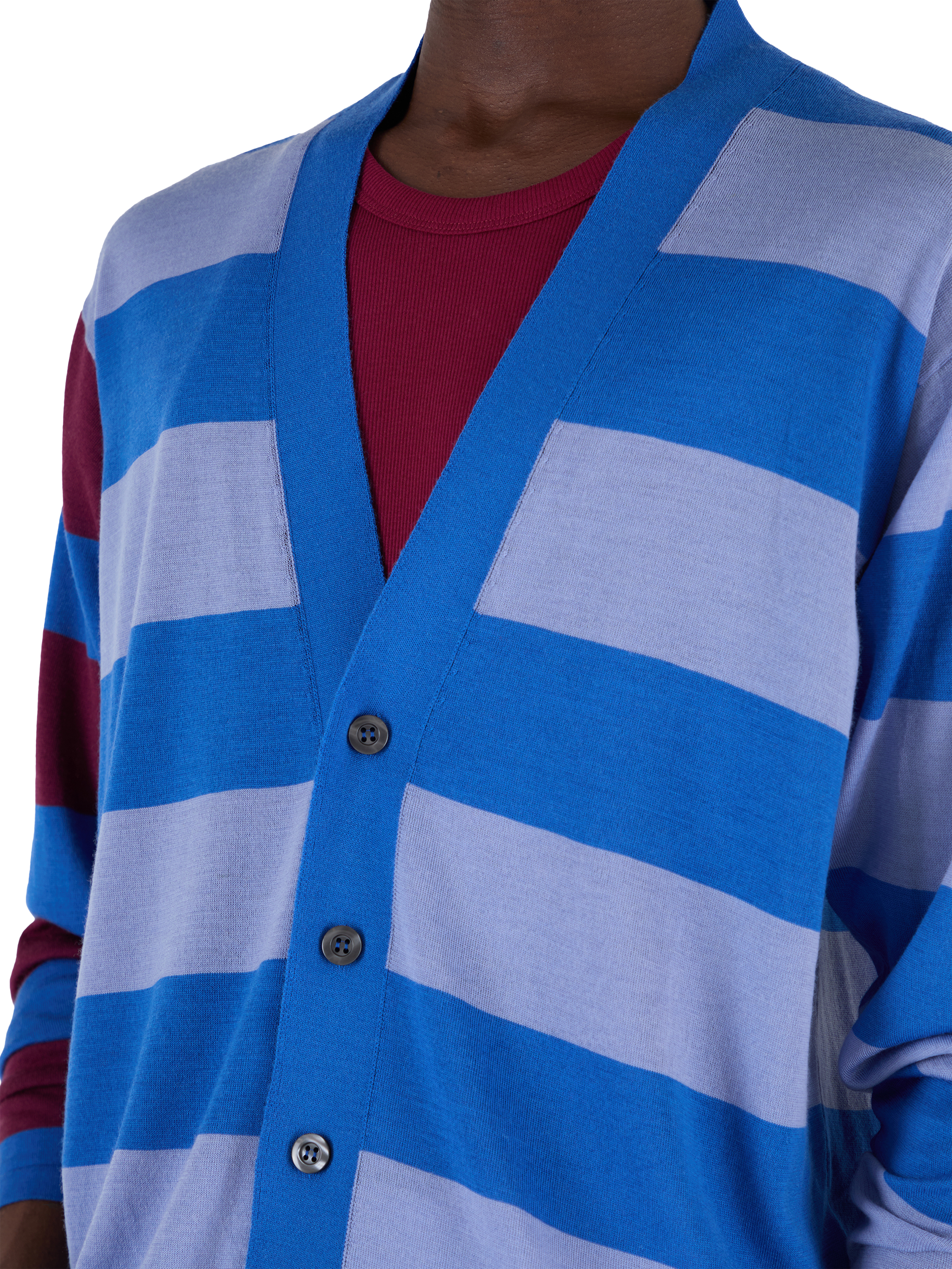 Product image 5 of 7, which shows John Smedley Merino Wool Stripe Contrast Sleeve V-Neck Cardigan, Jay Blue/Winter Violet, S
