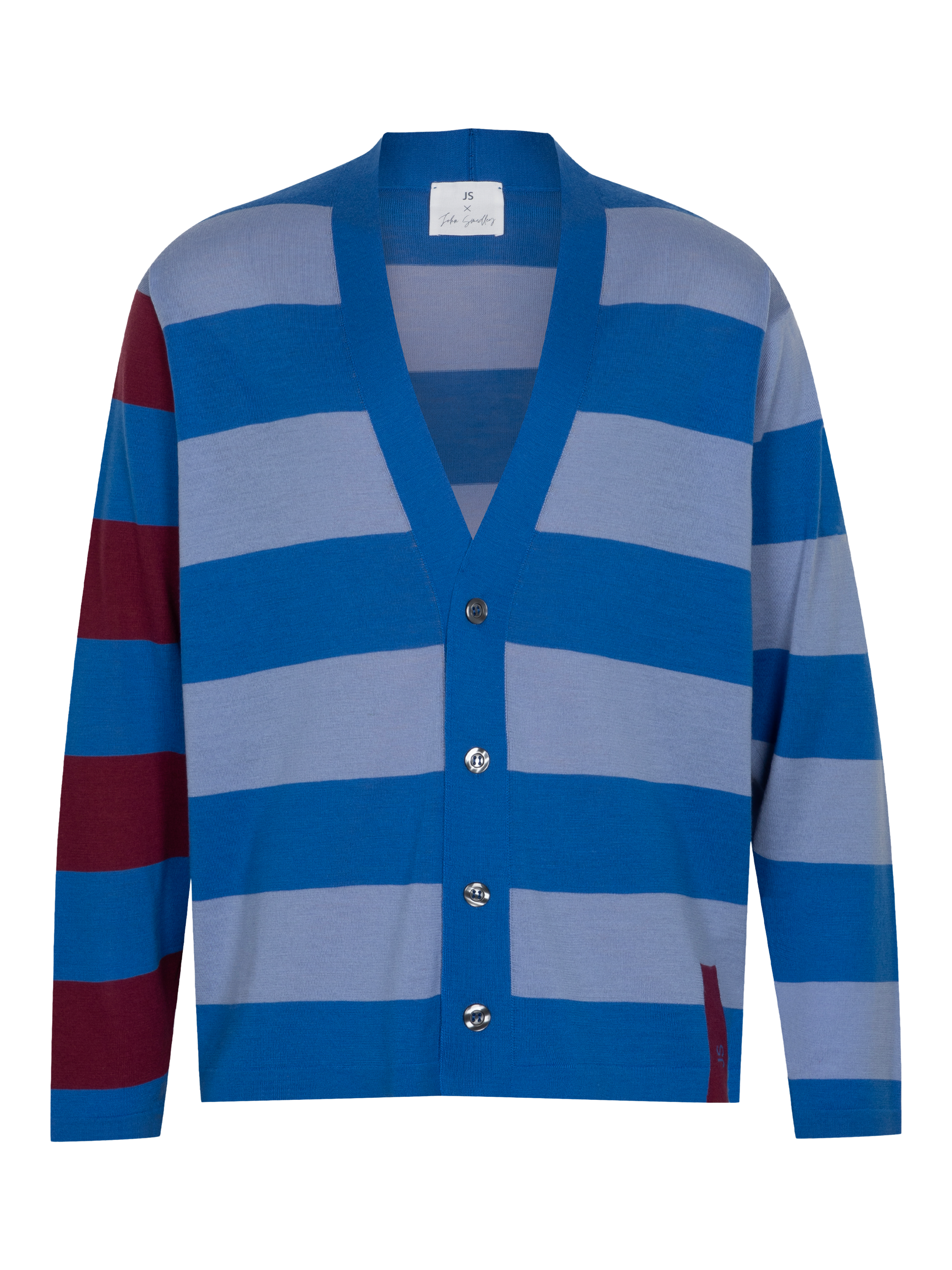 Product image 7 of 7, which shows John Smedley Merino Wool Stripe Contrast Sleeve V-Neck Cardigan, Jay Blue/Winter Violet, S