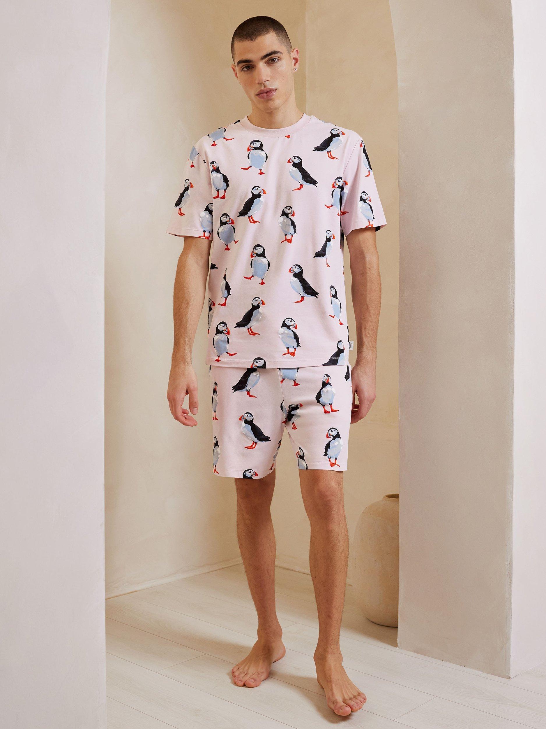 Product image 1 of 6, which shows Chelsea Peers Organic Cotton Puffin Print Short Pyjama Set, Pink/Multi, L