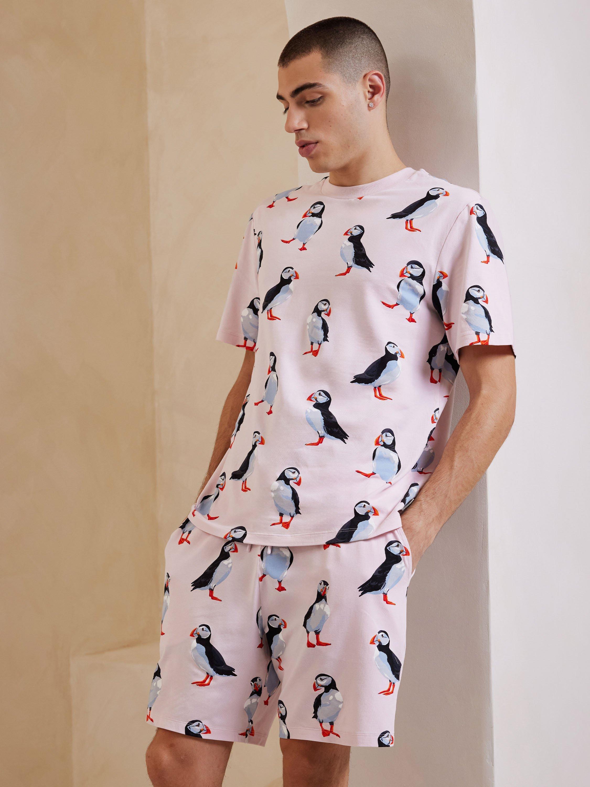 Product image 2 of 6, which shows Chelsea Peers Organic Cotton Puffin Print Short Pyjama Set, Pink/Multi, L