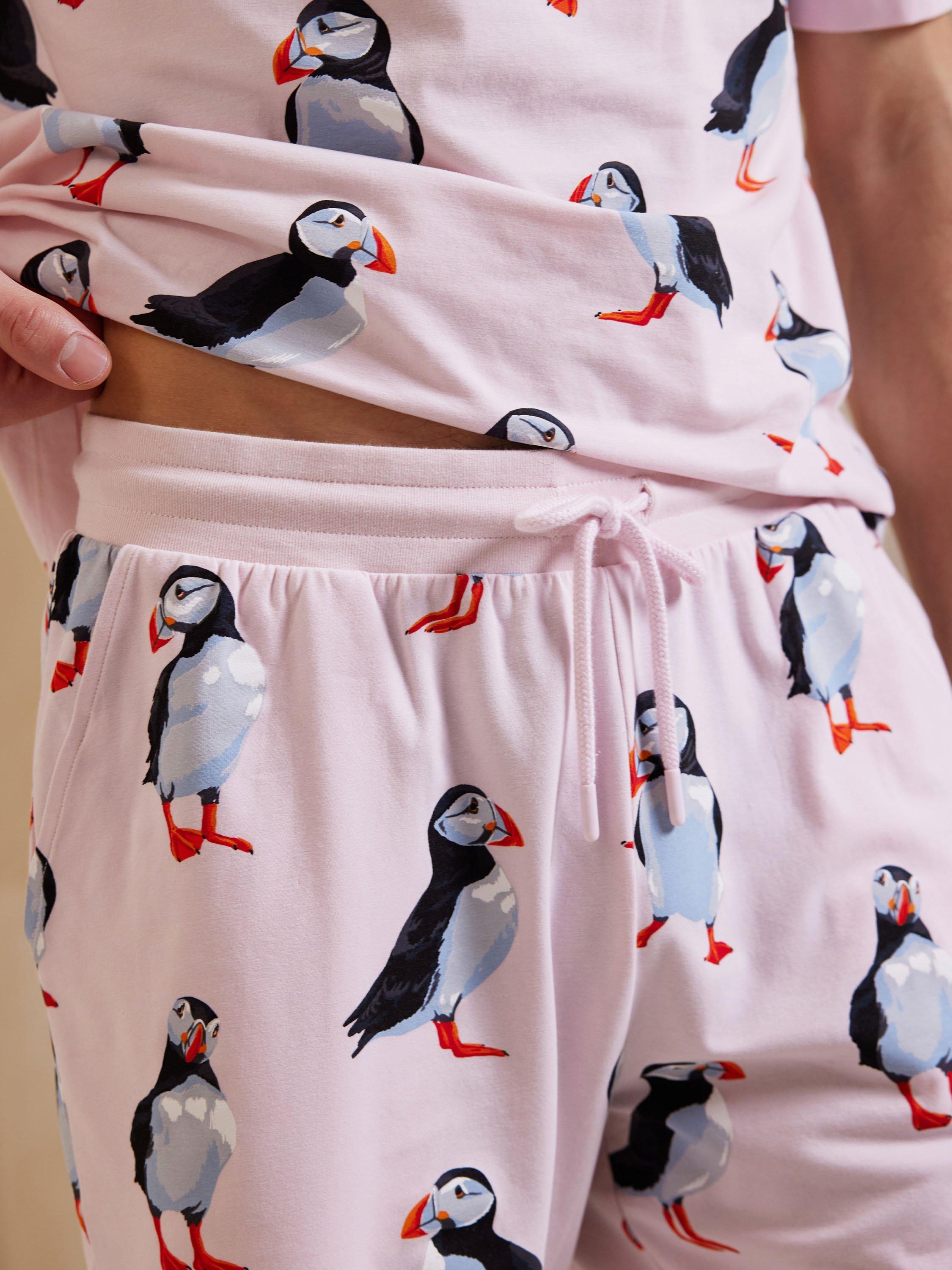 Product image 3 of 6, which shows Chelsea Peers Organic Cotton Puffin Print Short Pyjama Set, Pink/Multi, L
