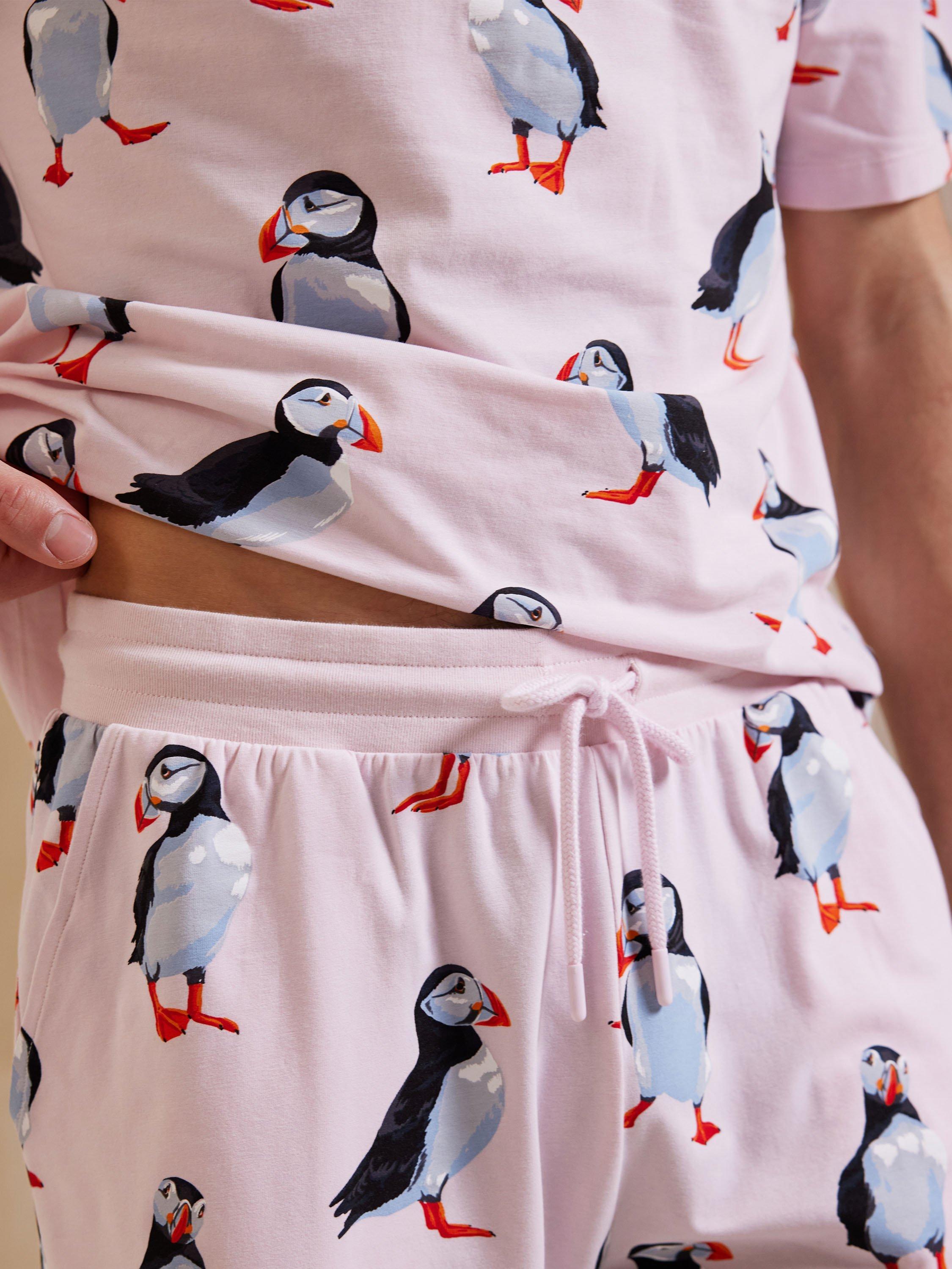 Product image 6 of 6, which shows Chelsea Peers Organic Cotton Puffin Print Short Pyjama Set, Pink/Multi, L