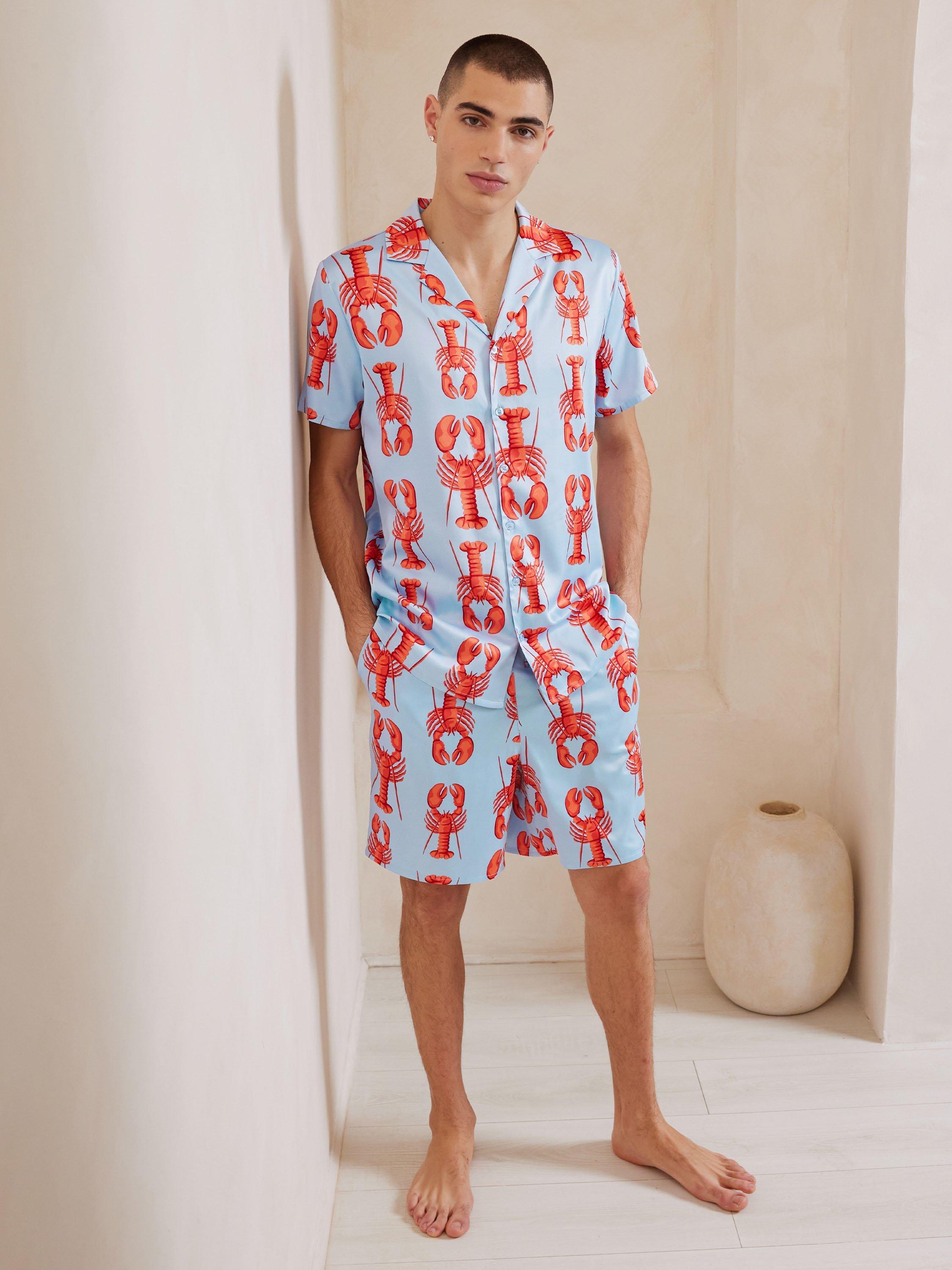 Product image 1 of 5, which shows Chelsea Peers Satin Lobster Print Short Pyjama Set, Blue/Multi, L