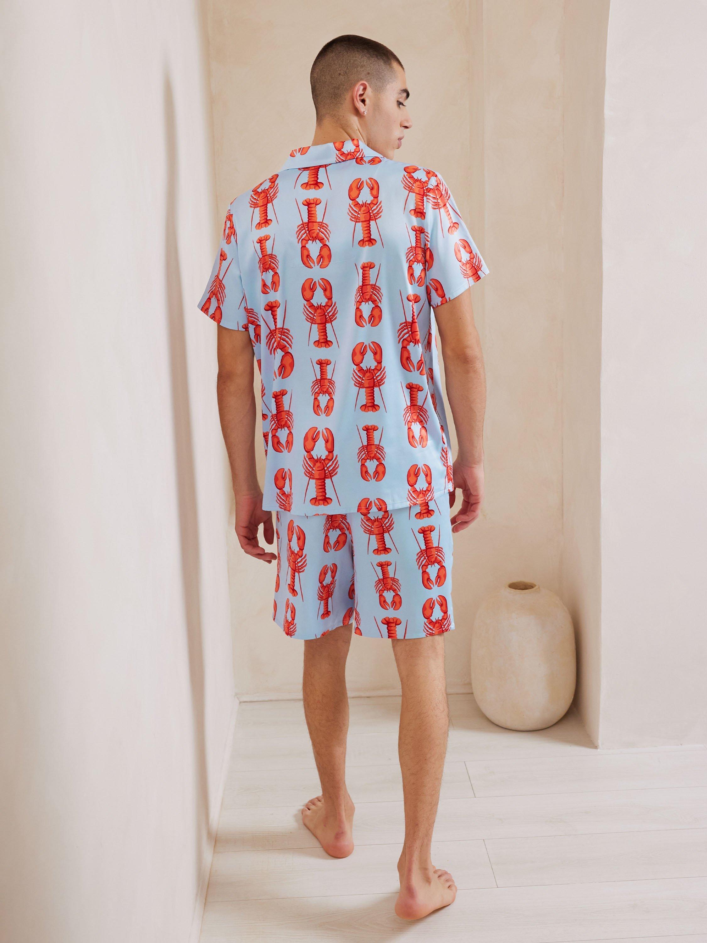 Product image 4 of 5, which shows Chelsea Peers Satin Lobster Print Short Pyjama Set, Blue/Multi, L