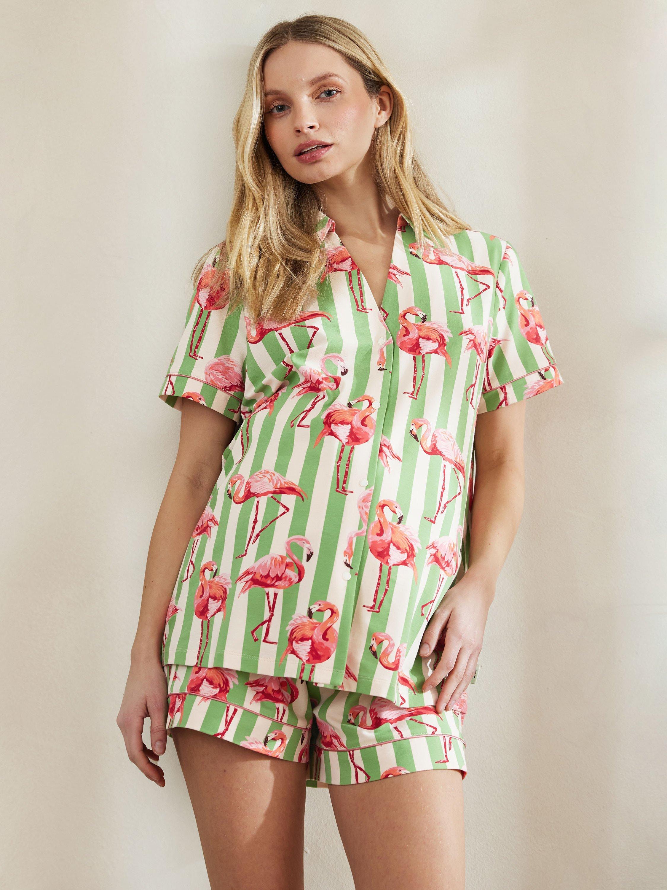 Product image 2 of 6, which shows Chelsea Peers Flamingo Stripe Short Pyjama Set, Green/Multi, 6