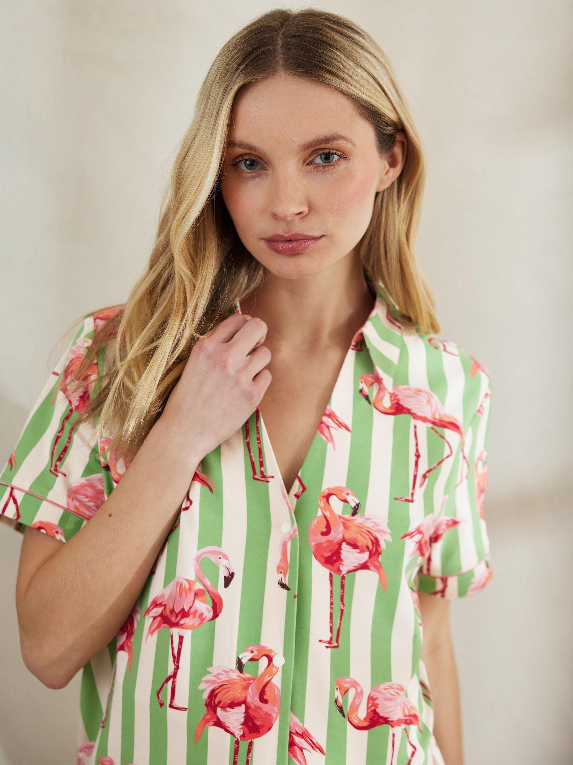 Product image 5 of 6, which shows Chelsea Peers Flamingo Stripe Short Pyjama Set, Green/Multi, 6