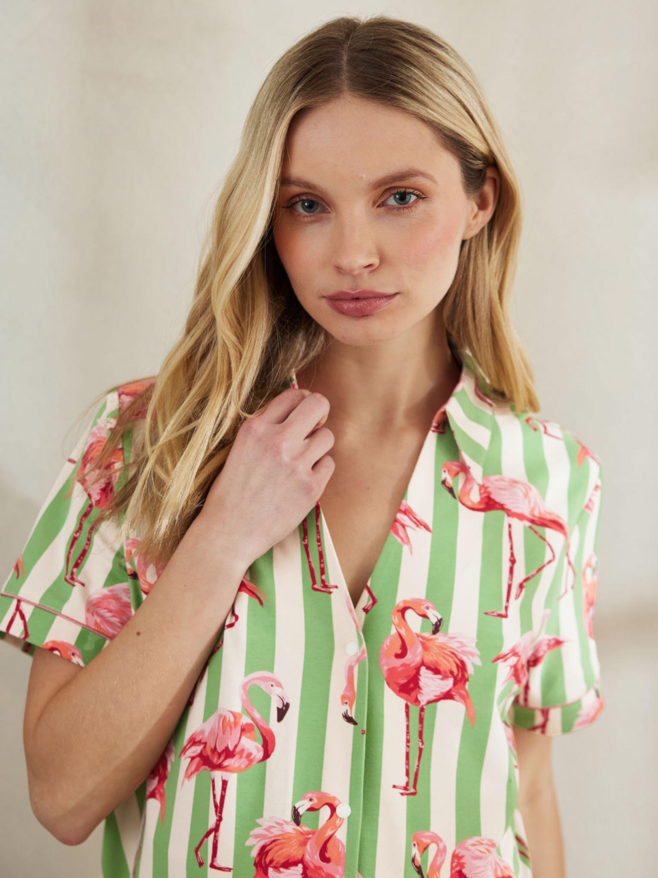 Product image 6 of 6, which shows Chelsea Peers Flamingo Stripe Short Pyjama Set, Green/Multi, 6