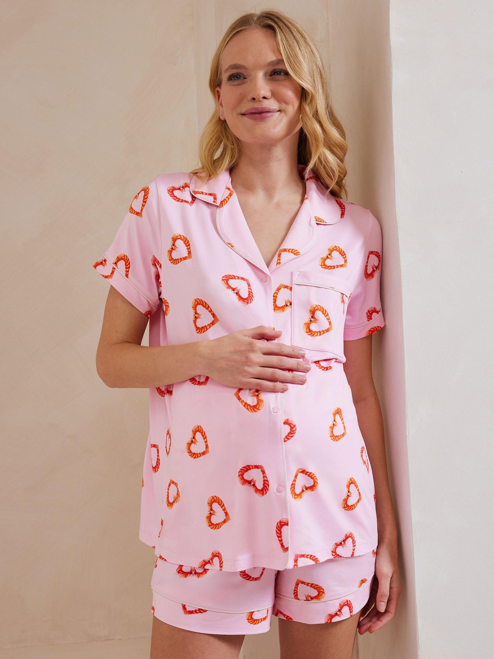 Product image 2 of 5, which shows Chelsea Peers Prawn Hearts Maternity Pyjama Set, Pink, 18