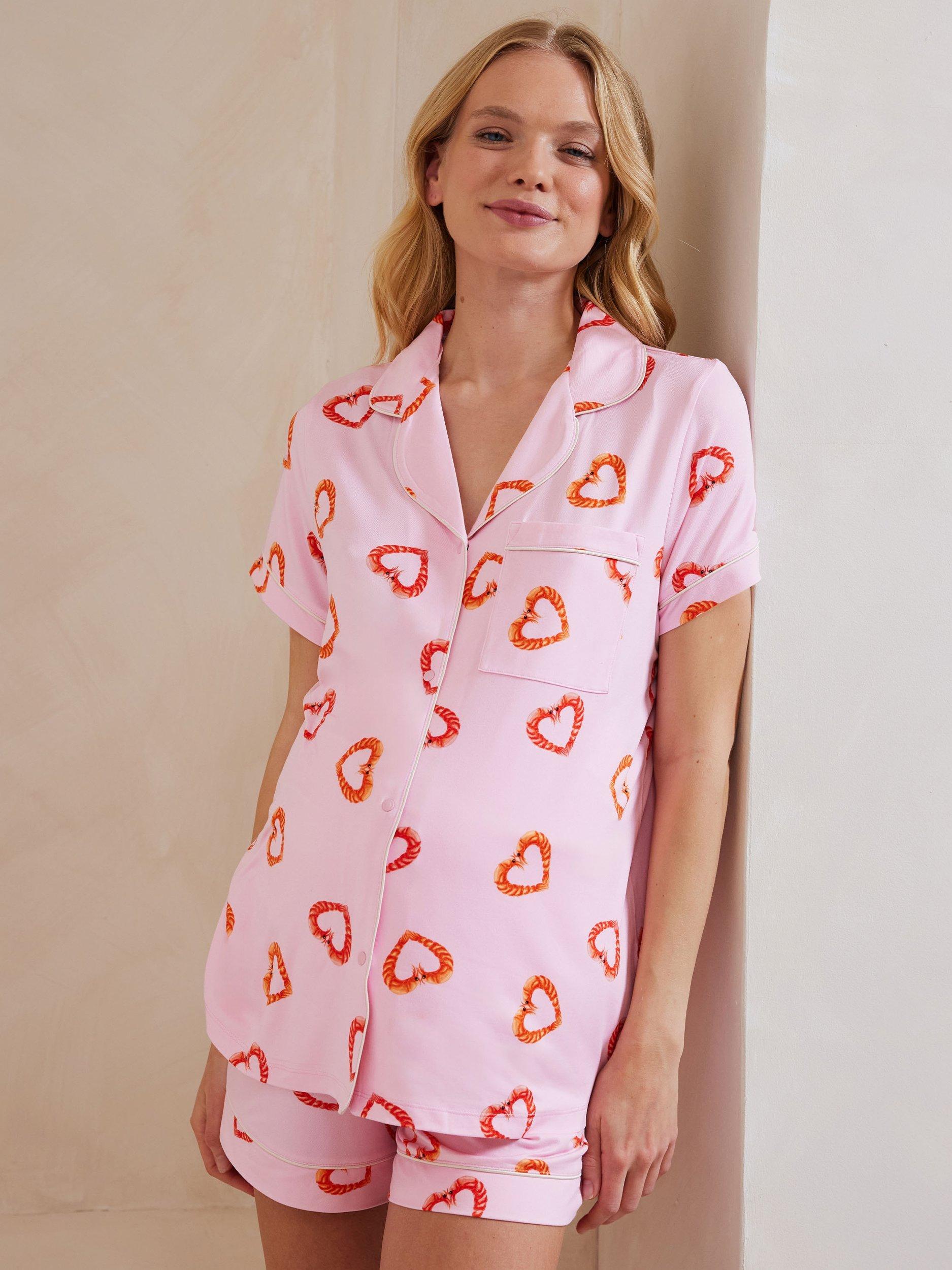 Product image 5 of 5, which shows Chelsea Peers Prawn Hearts Maternity Pyjama Set, Pink, 18